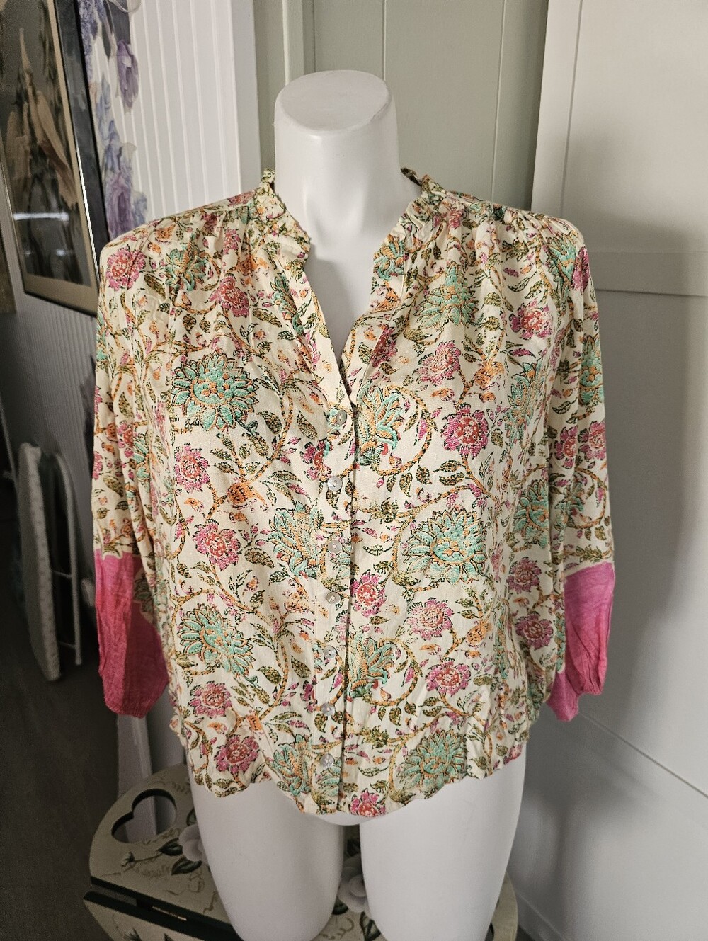 Farmers Market XL 12-16 Rayon Floral Boho Peasant Blouse Pink Aqua Button Front